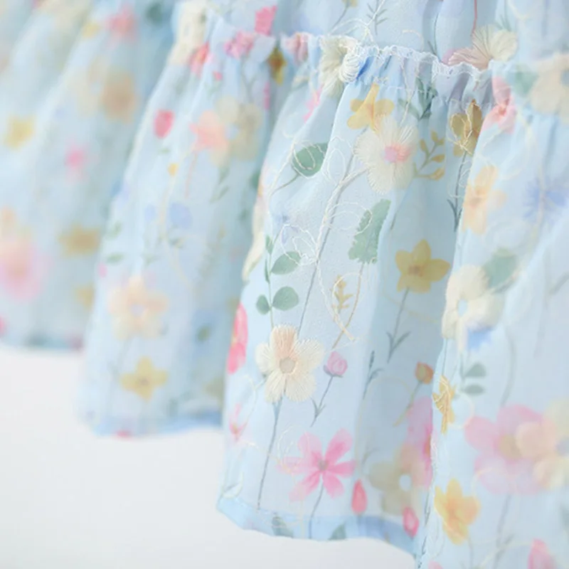Summer New Floral Print Baby Girl Dress Sweet Bow Children'S Blue Clothes (6 Months -3 Years Old) 6