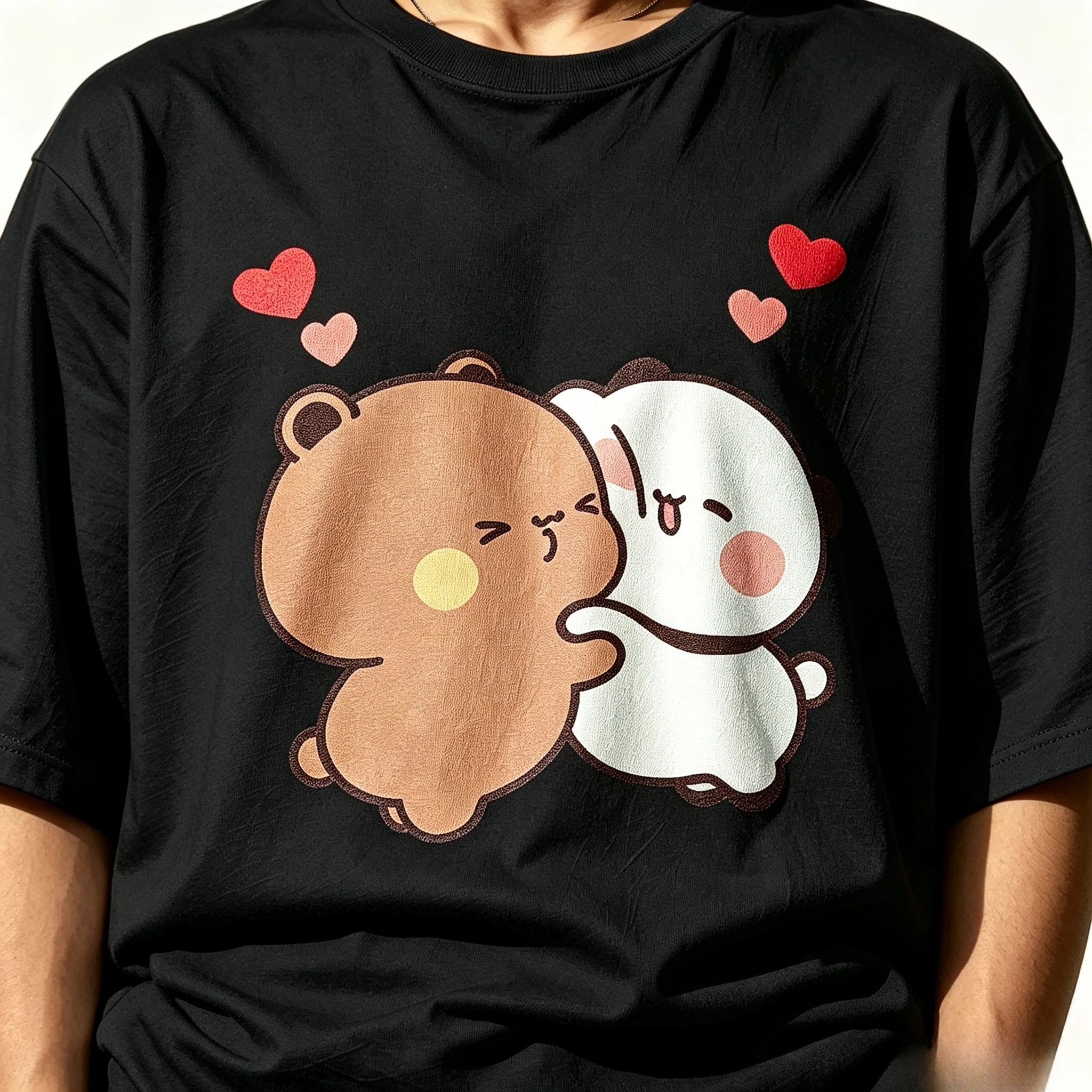 Matching Outfit Cartoon Cute Bear Panda Hug With Heart Graphic Modal Print T-Shirt Unisex Loose Short Sleeve Casual Summer Tops