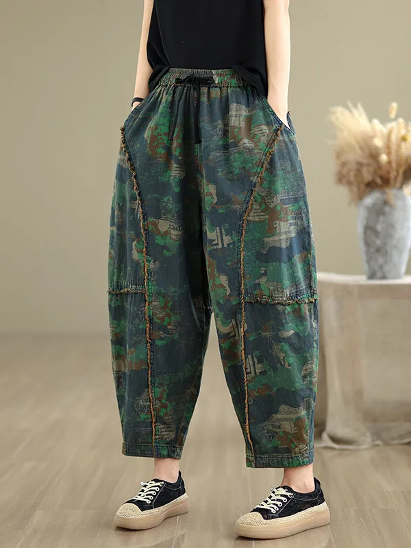 Vintage Patchwork Thin Soft Comfortable Denim Pants for Women Summer Fashion Retro Print Creative Patchwork Harem Trouser
