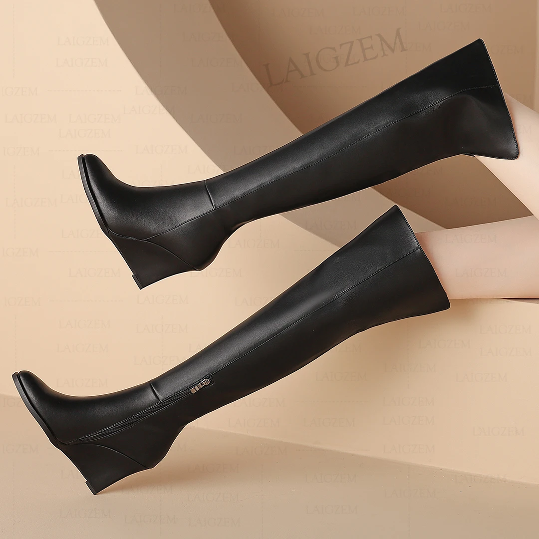 LAIGZEM Women Over Knee Boots Real Leather + Synthetic 9CM Wedges Heels Tall Boots Ladies Black Shoes Woman Big Size 39 41 43 46