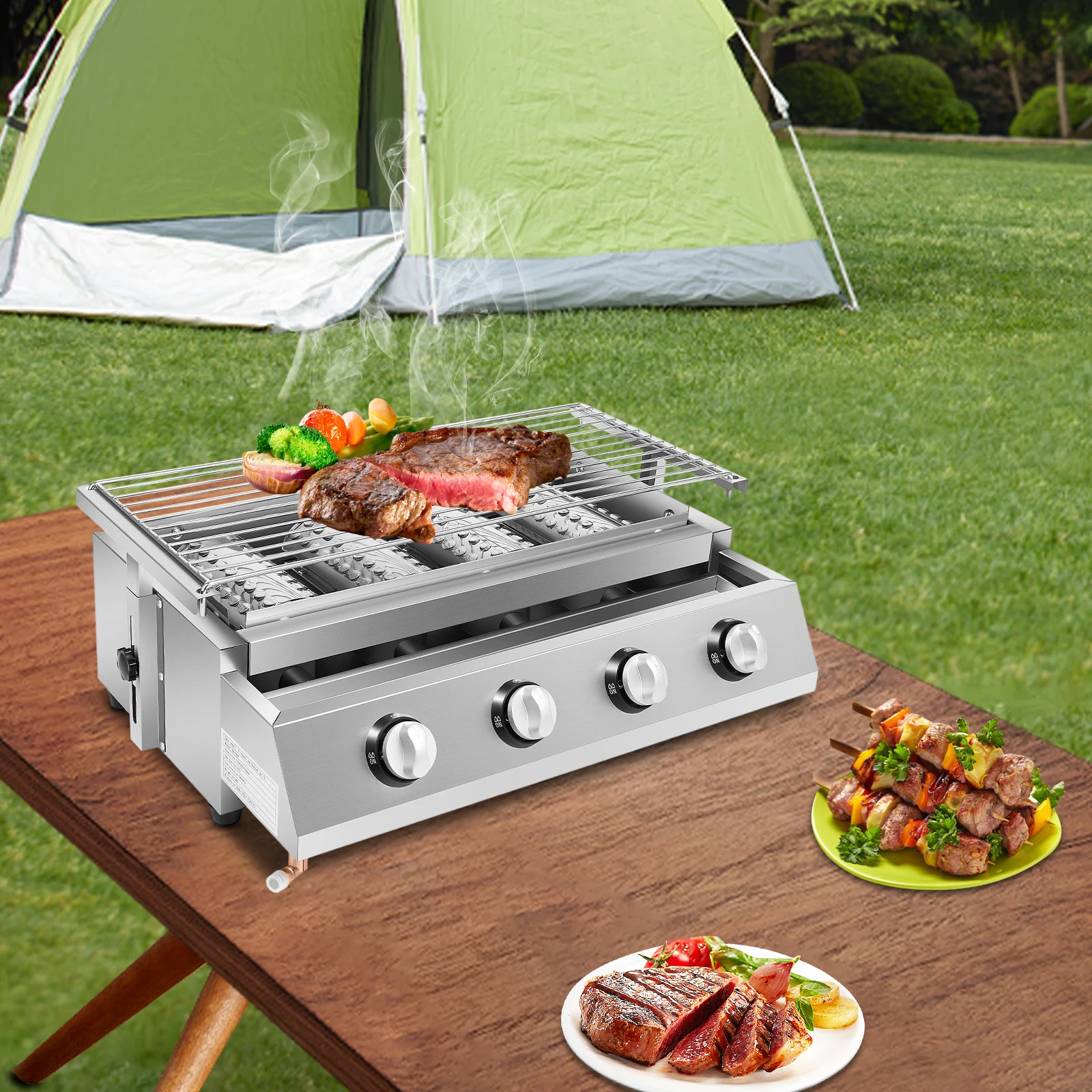 

Stainless Steel Gas Roaster Gas Grill, 4 Burner BBQ Table Grill, LPG Gas Grills for Camping, Balcony, Garden, Silver