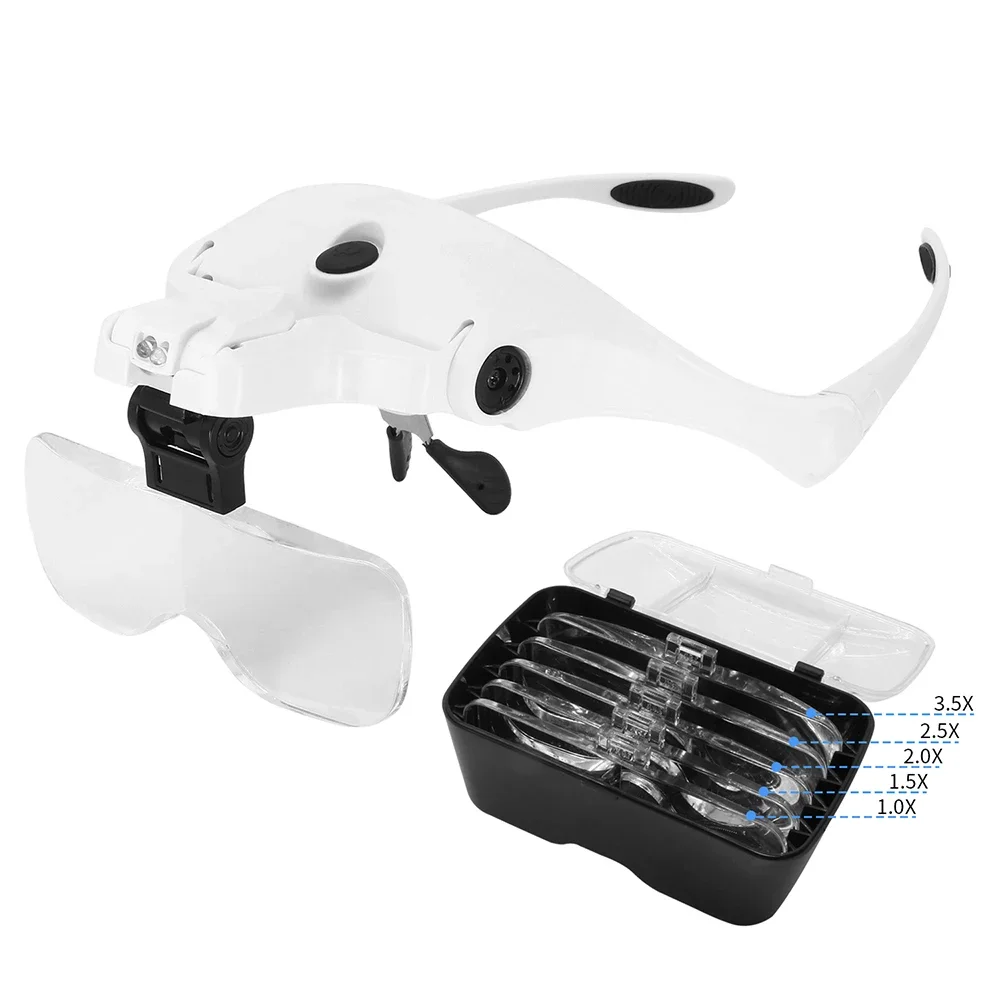 1.0X 1.5X 2.0X 2.5X 3.5X regulowana lupa z 5 obiektywami LED Light opaska na głowę lupa szklane okulary powiększające LED z lampą