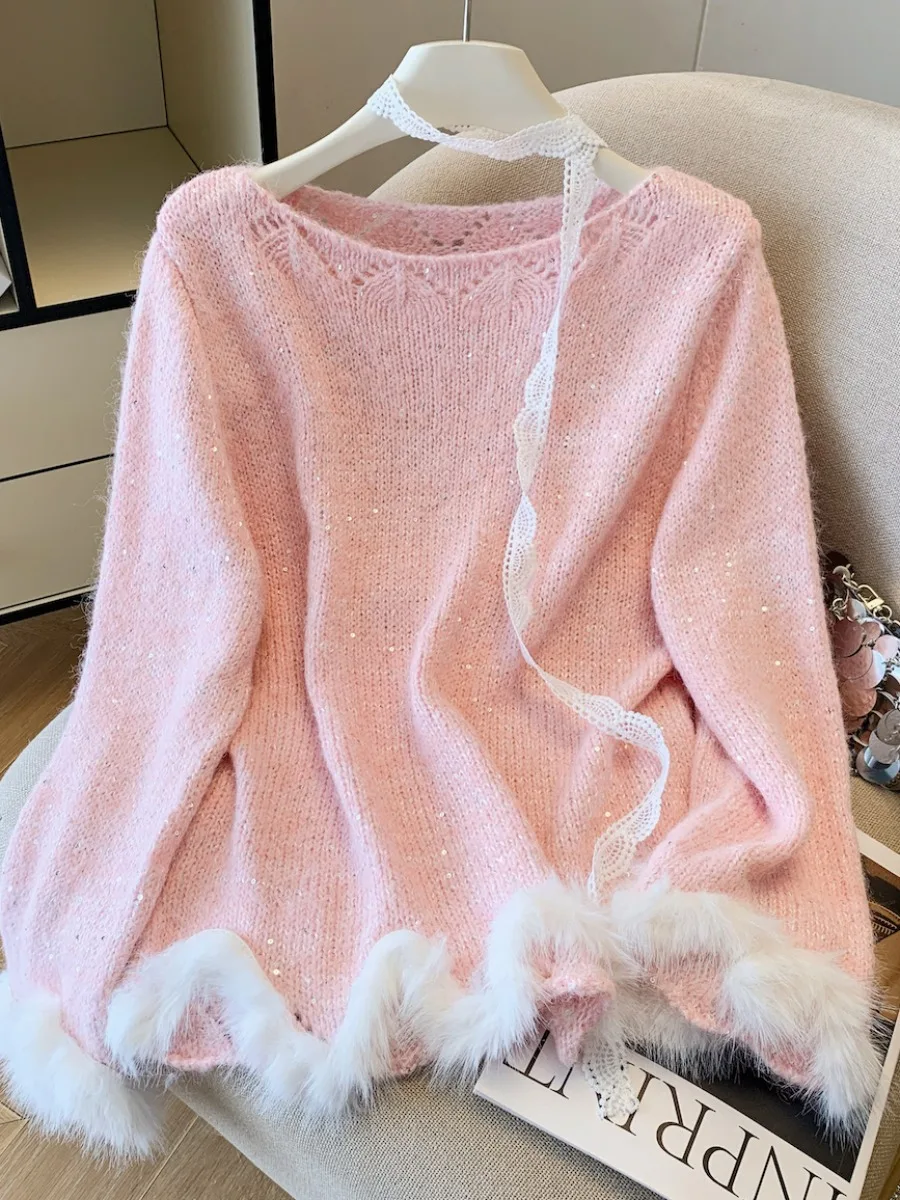 

Длинный светящийся вязаный свитер, женский свободный свитер с овальными плечами, осеннее новое поступление, удобный повседневный топ, корейская версия