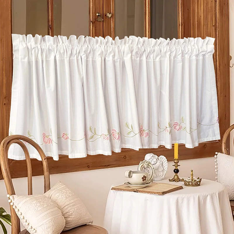 White Polycotton Curtains with Pink Floral Embroidery ,45cm Height, Rod Pocket , Perfect for Kitchen,Cafe,Casual Style Decor