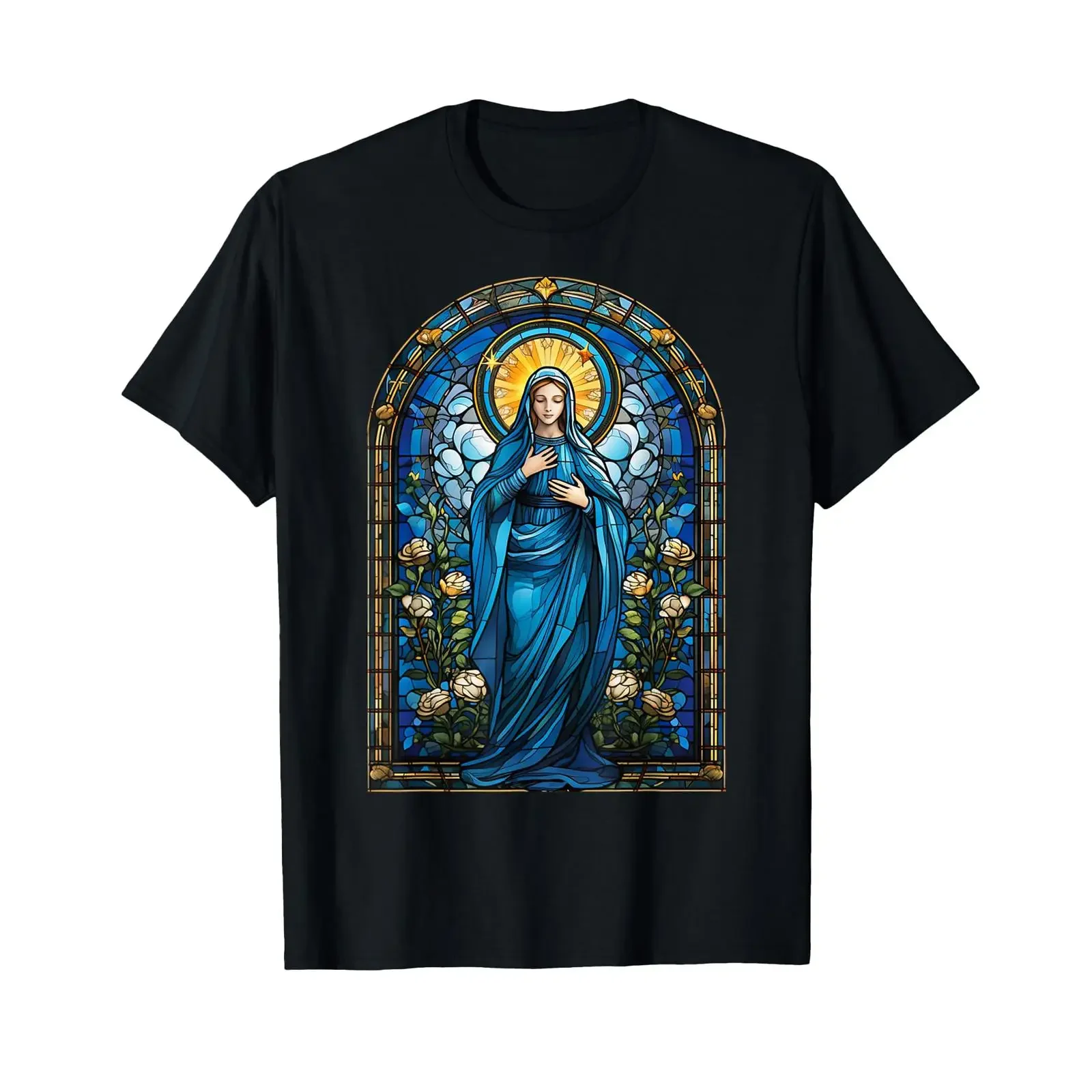 Blessed Virgin Mary Stained Glass T Shirt vintage Washed Unisex Casual Versatile Comfortable Soft graphic Stylish Breathable