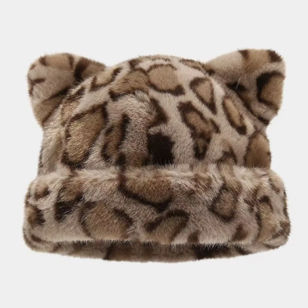 Versatile Imitation Mink Fur Leopard Ear Beanie Korean Style Soft Brimless Beanie Cap All-match Elastic Pullover Cap Winter