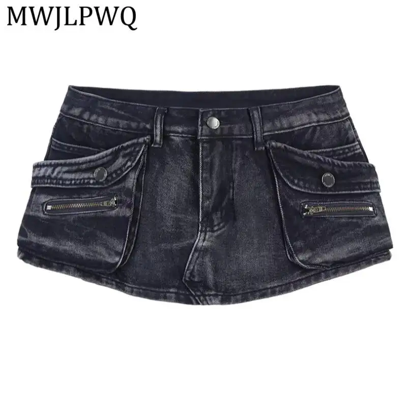 

MWJLPWQ Vintage Washed Denim Skirt Double Flap Zip Pocket Metal Button High Waist Unisex Y2k Street Slim Casual Bottom 16981