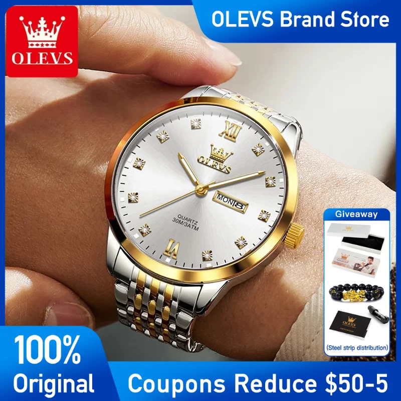 

OLEVS 2943 Mens Watch luxury Stainless steel Quartz Watch Waterproof Luminous Dual calendar Men's Wristwatch Top Brand Reloj