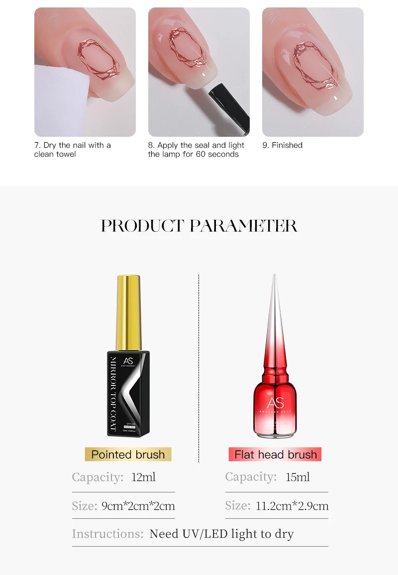 AS Professional 8ml Chrome Mirror Powder Top Coat UV Gel Varnish Semi Permanent Nail Polish Gold Silver Mirror Glitter Powder