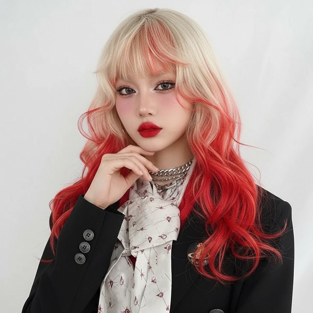 

Long Wavy Blonde Ombre Red Synthetic Wig Highlights Lolita Cosplay Women Fluffy Wig with Bangs for Daily Party