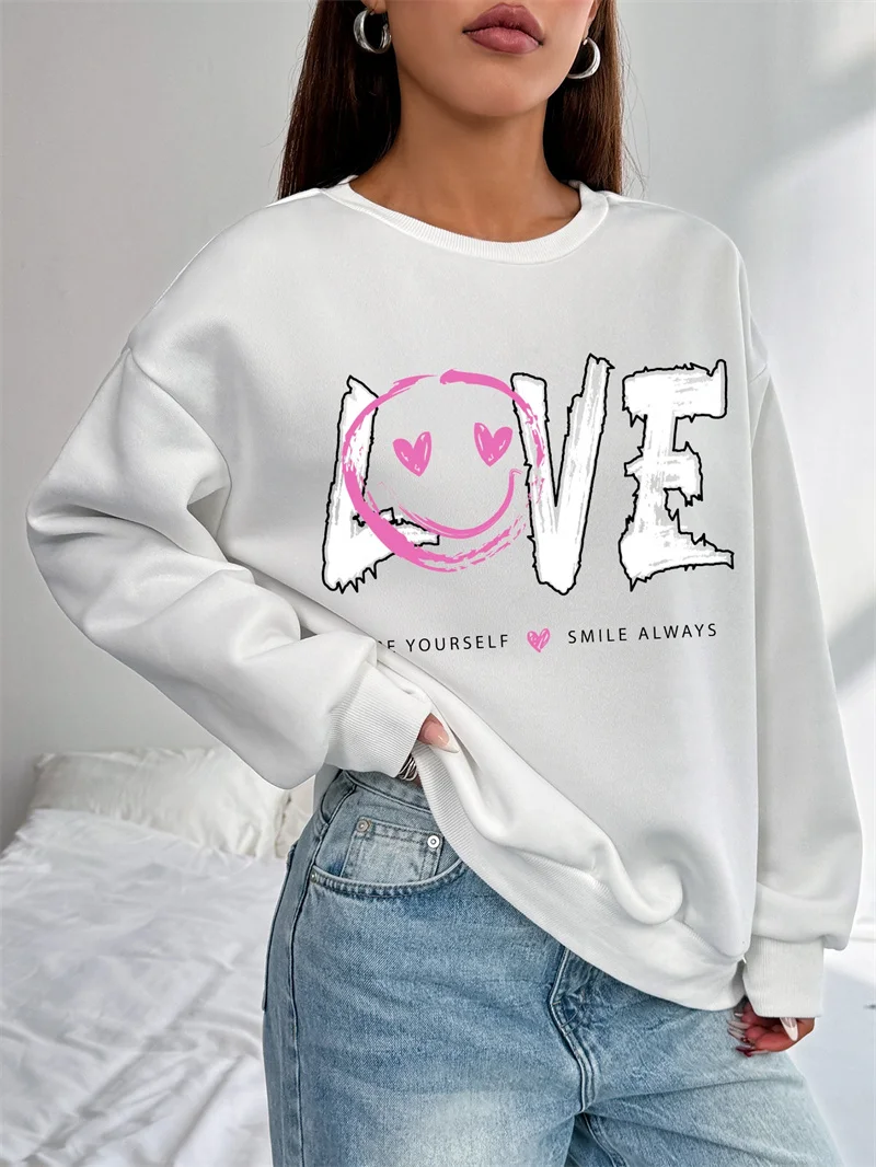 Women Heart Love Printed Casual Pullovers Sweatshirt Ladies Long Sleeve Blouses Winter Female O-Neck Fashion Clothes Top Hoodies