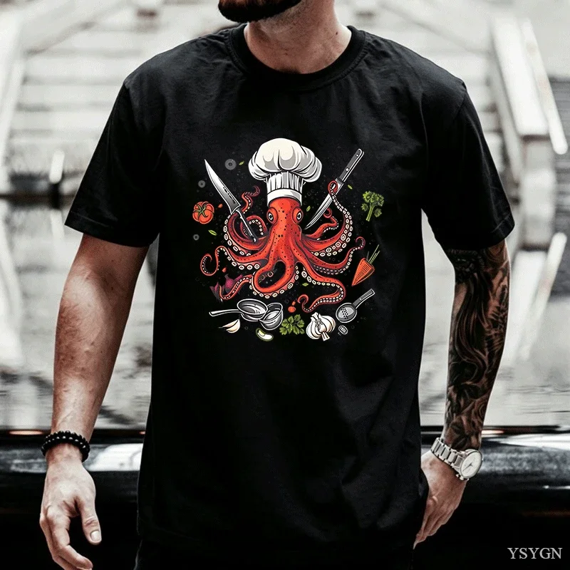 Octopus Chef T-Shirt Funny Octopus Cooking T Shirt Men Women Funny Chef Tshirt Sushi Cotton Short Sleeve Round Neck Tshirts