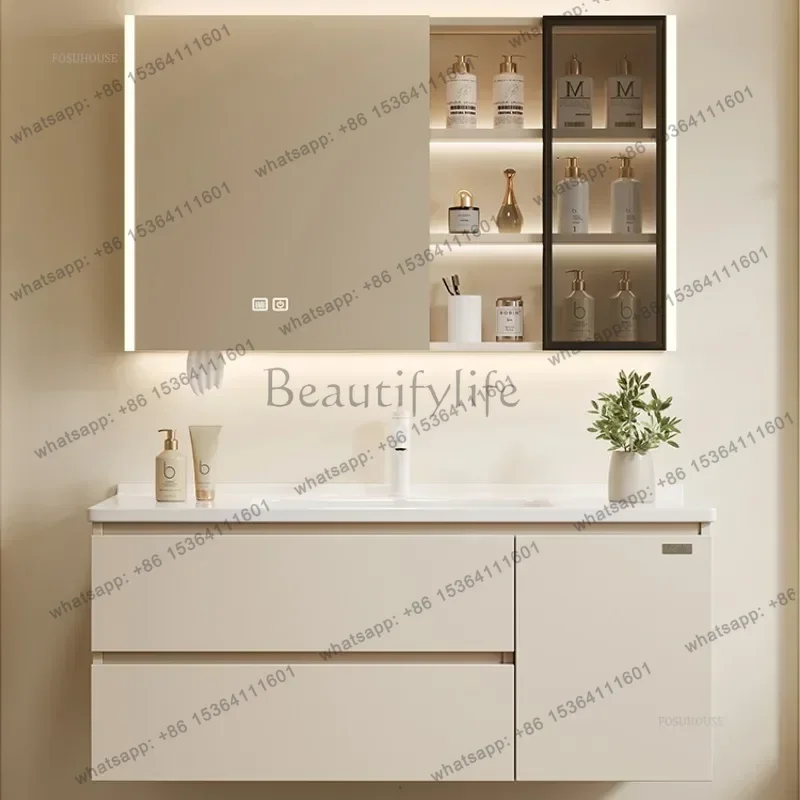 PG Modern Minimalist Bathroom Cabinets Combination Ceramic Integrated Basin Luxury Bathroom Washbasin Mirror Drawer Cabinet g