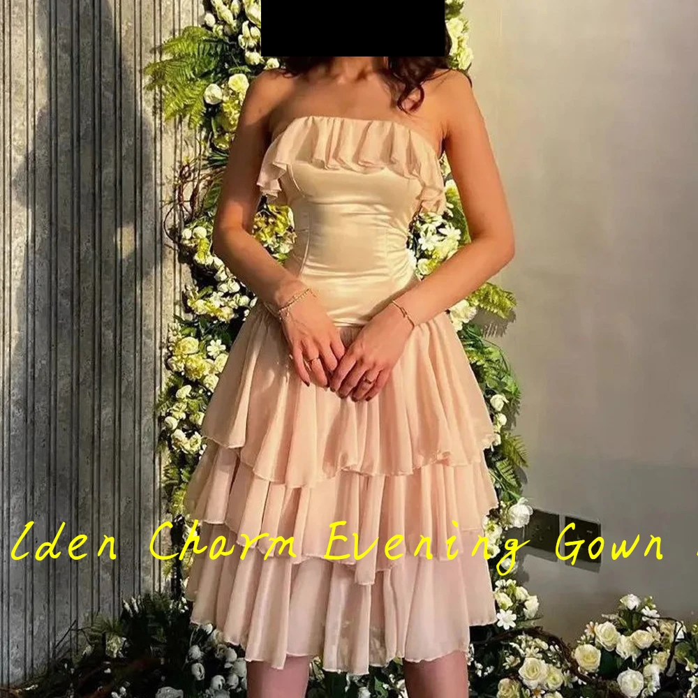 Customized A-Line Evening Dress Knee Length Strapless Chiffon Sleeveless Pleats  Custom Made Photo Color Prom Dress Delicate and image 3