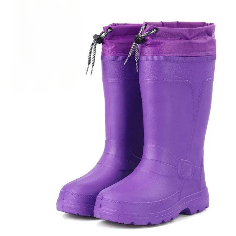 Women Rain Boots Mid-Calf Water Shoes Non-slip Waterproof Safety Work Shoes Drawstring Rubber Boots Women Warm Plush Rain Shoes