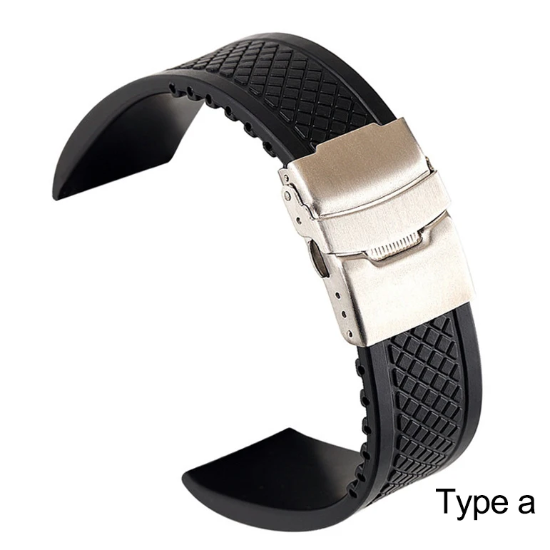 20mm 22mm 24mm Black Silicone Sport Strap Folding Buckle with safety Waterproof Rubber Men Replacement Band Watch Accessories