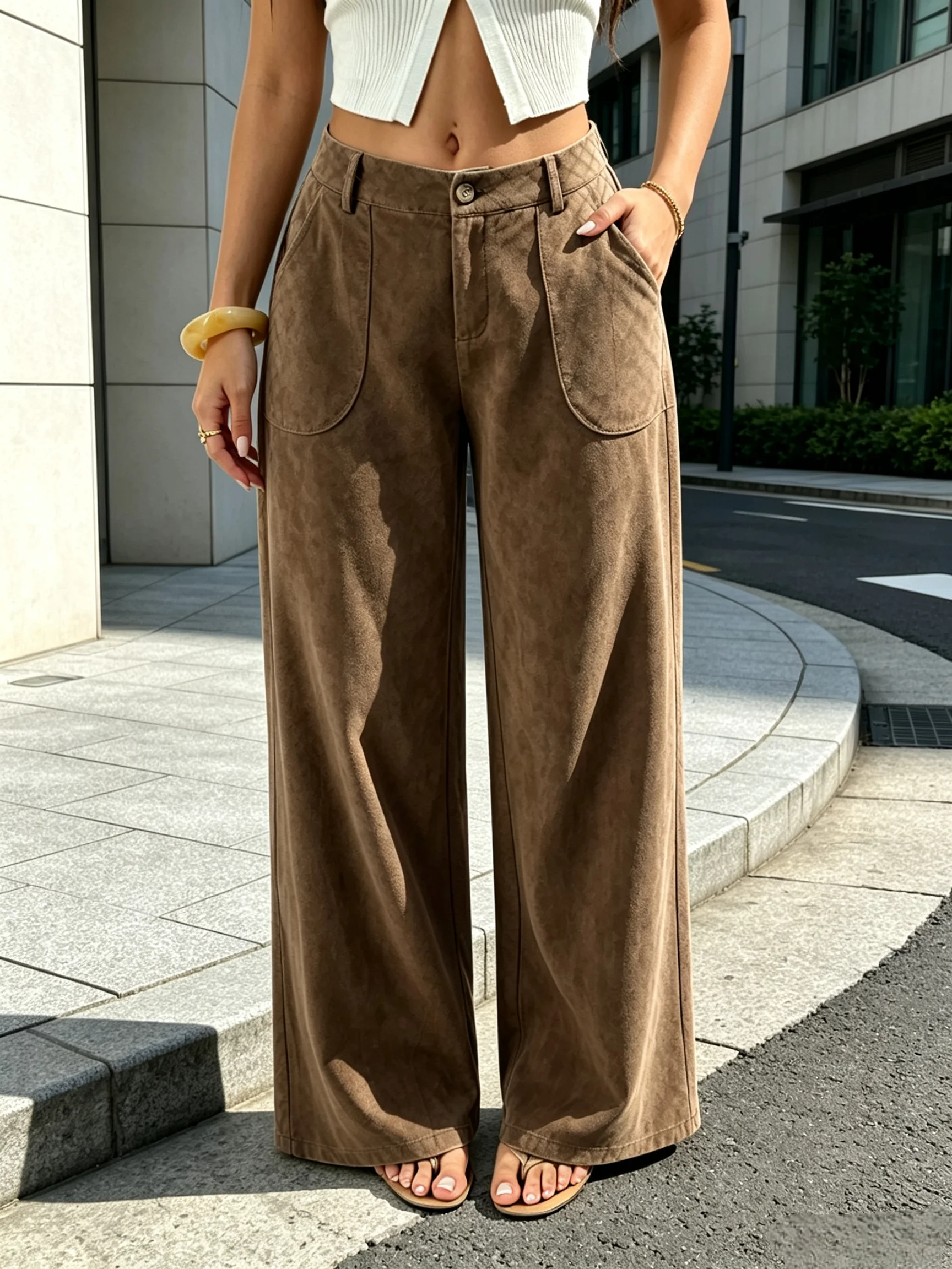 Damen Kunstwildlederhose mit hoher Taille, weitem Bein, Knopf- und Reißverschluss, großen aufgesetzten Taschen, locker geschnittene gerade Hose, lässige Streetwear, bodenlang. – Detail 2