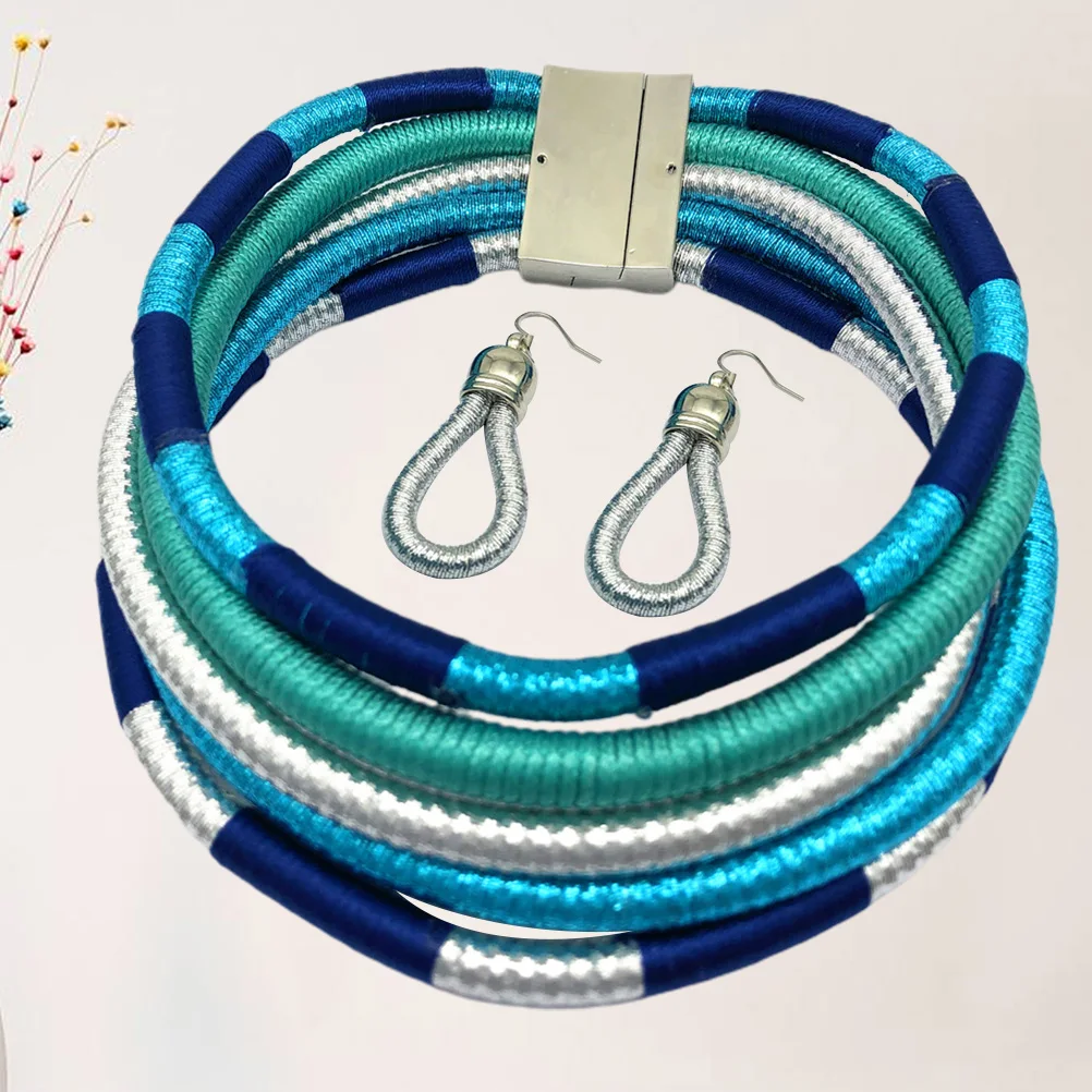 

Necklace Magnetic Buckle Set Multilayer African Style Hand-weaving Multi-layer Earrings Miss