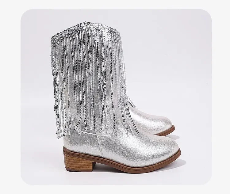 Glitzernde Silber-Gold Fransen Western Cowboystiefel für Teenager-Mädchen, Niedriger Absatz Seitlicher Reißverschluss Retro Konzert Bühnen-Outfit Party Modestiefel – Detail 3