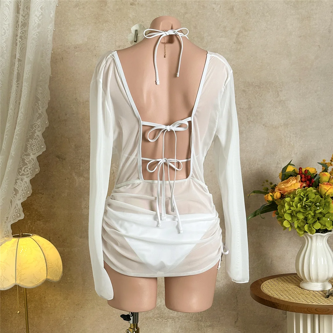 Mit langen Ärmeln, rückenfreiem Bikini, Damen-Badebekleidung, dreiteiliges Bikini-Set, Badeanzug, Badebekleidung, Schwimmbekleidung V7815 – Detail 10