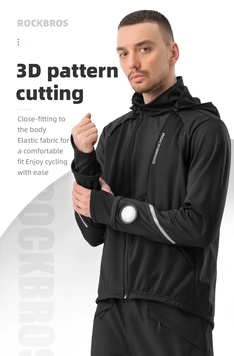 ROCKBROS Winter-Fahrradjacke mit Kapuze, warmes Fleece, thermisch, winddicht, lange Ärmel, Fahrrad-Oberteil, Mantel, Herren-Fahrrad-Windbreaker-Kleidung – Detail 8