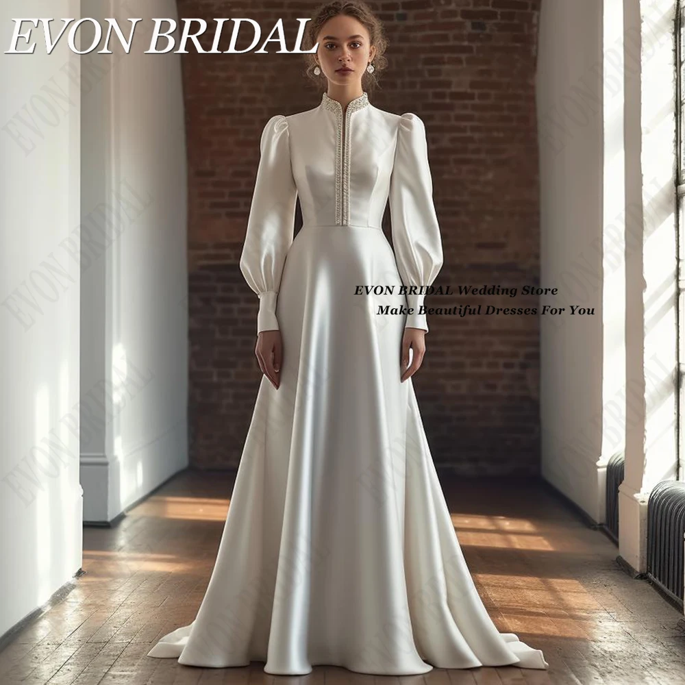 EVON BRIDAL 하이넥 웨딩 드레스, 신부 2024 긴 새틴 퍼프 소매, 시민 A 라인 스위프 트레인