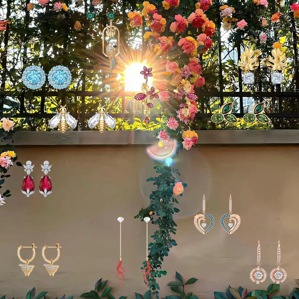 Nuevos Pendientes de Moda con Diseño de Libélula y Abeja Asimétrica, con Diamantes y Baño de Oro Rosa, Colección Parrot Diamond Set