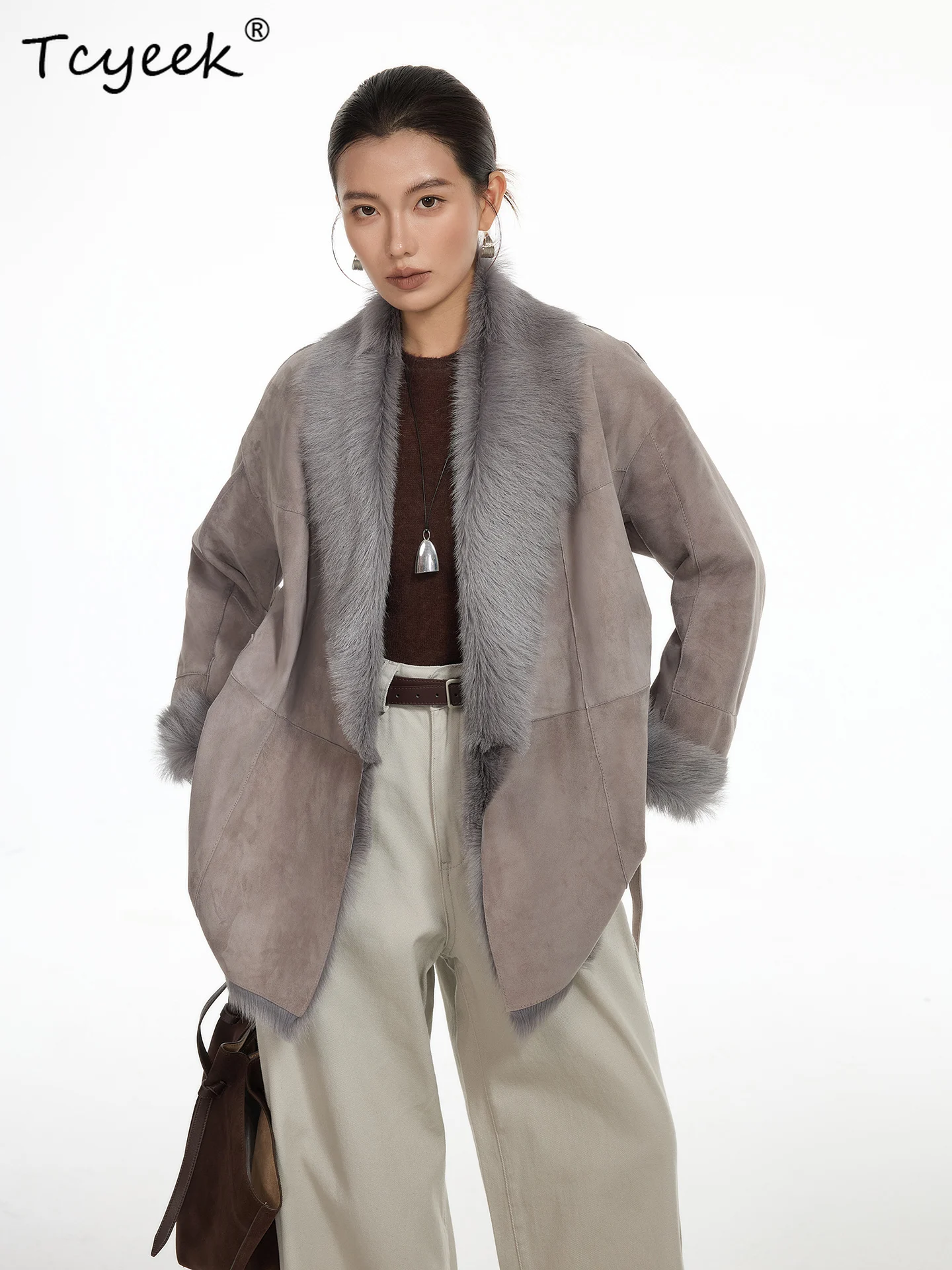 Tcyeek Prawdziwa Wełna Jesień Zima Elegancki Modny Płaszcz z Kołnierzem Jednolity Kolor Średniej Długości Damski Wełniany Płaszcz z Kożucha Futro Fourrures Femme