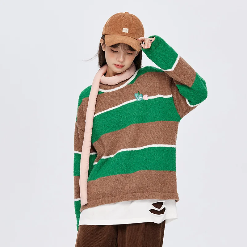 Semir Sweater Women Embroidered Loose Striped Shirt 2023 Winter New Retro Contrasted Color Trendy Cool Sweater