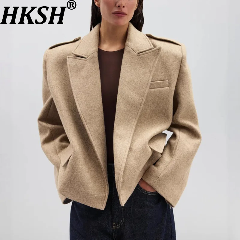 

HKSH 2025, осенне-зимняя новая женская короткая куртка с зубчатым воротником, однотонное элегантное модное офисное женское шерстяное пальто HK14029
