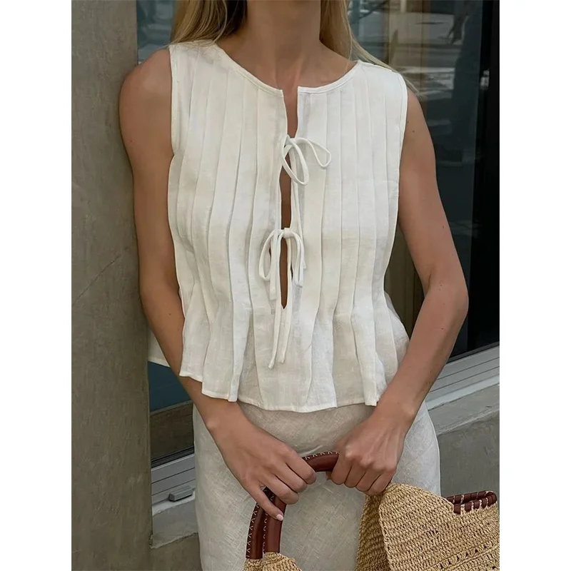 

Белый бандажный топ в рубчик, рубашки на бретелях для женщин, тонкий летний модный жилет без рукавов, женский жилет на шнуровке, топ Y2k