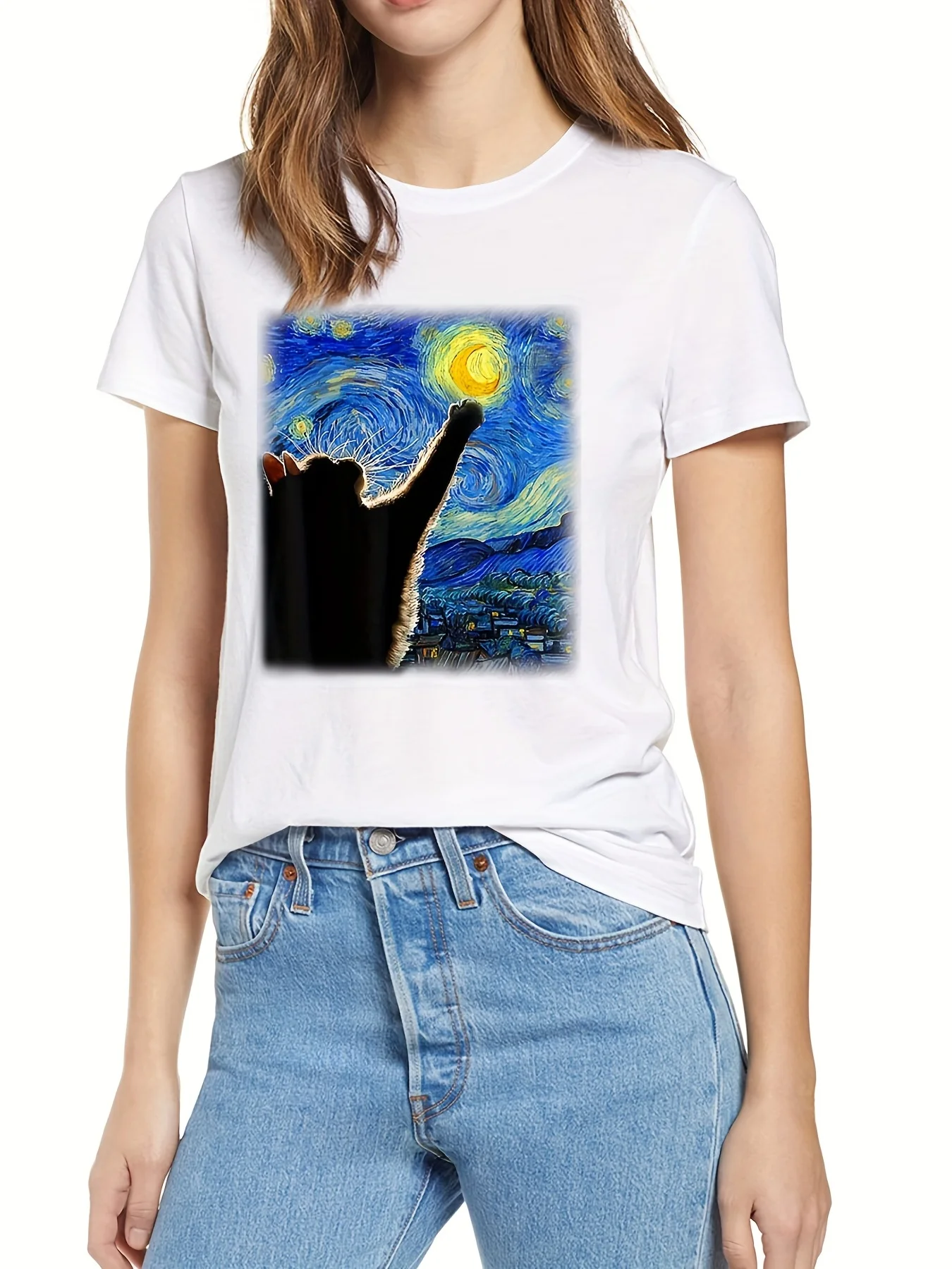 Cat & Starry Night Painting Pattern T-Shirt, Cute Crew Neck Short Sleeve Top For Spring & Summer, Women\'s Clothing