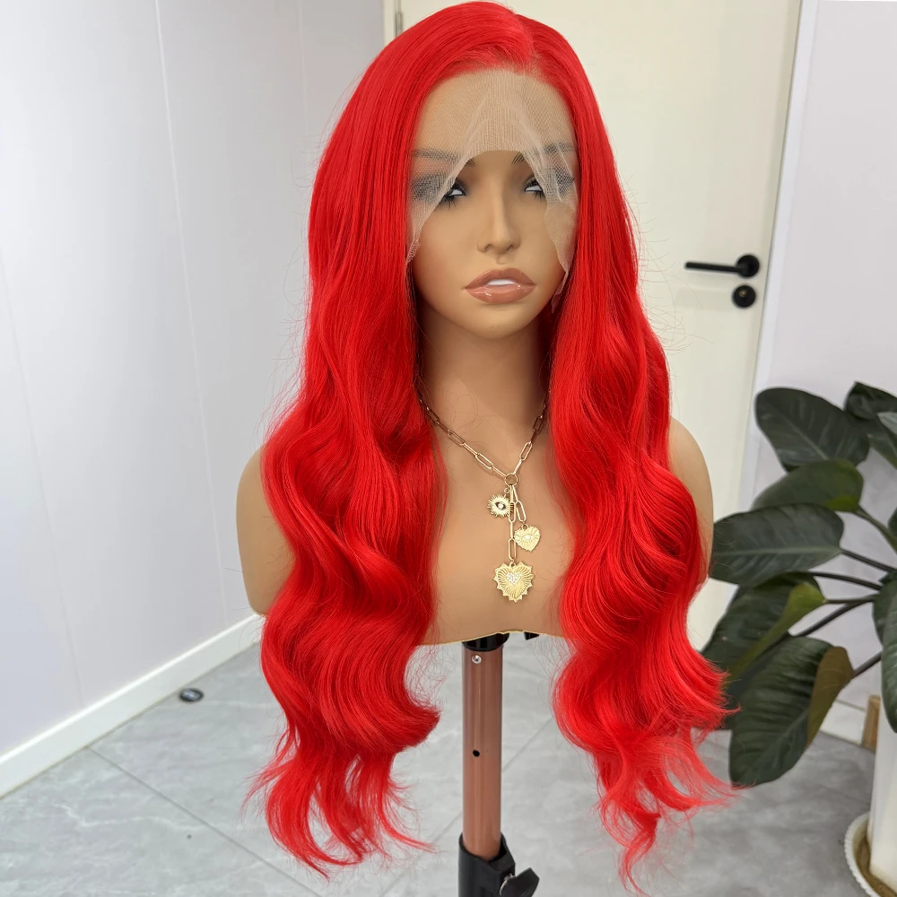 حار شعر مستعار أحمر طويل موجة عميقة الشعر الاصطناعية 13x4 الدانتيل الجبهة الباروكات للنساء الأحمر الجسم موجة شعر مستعار مقاومة للحرارة تأثيري جاهزة لارتداء #5