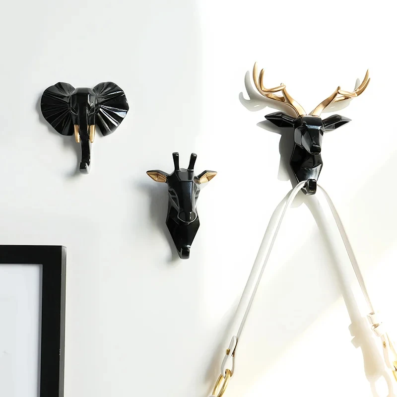 1pc Black Resin Cute Animals Wall Hook for Key Hat Hanger Wall Decor Deer Figurine decorative Hooks for Towel Kitchen Key Holder