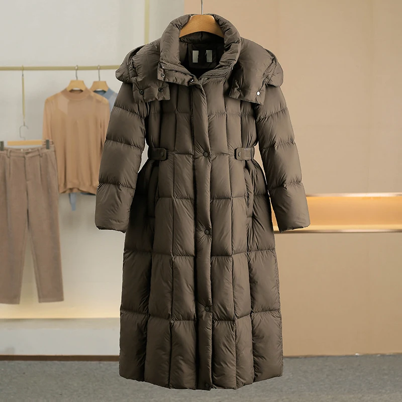 

Длинный женский пуховик со съемным капюшоном, наполнитель 252 г, 90% утиный пух, теплый, городской повседневный стиль, модное зимнее пальто
