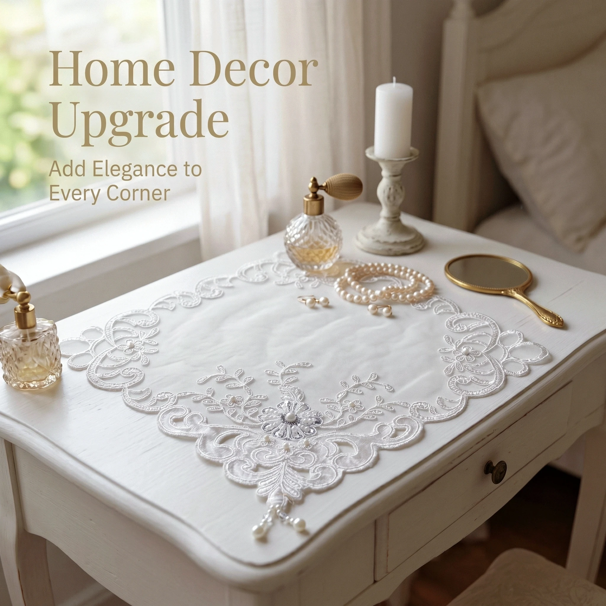 Lace Tablecloth 4Pcs 28x28 Pearl Trim Table Decor 4pcs Placemats Wedding White Lace Handmade Coasters Set Elegant Table Runner Square Table Cover Luxury Accessories For Table 9