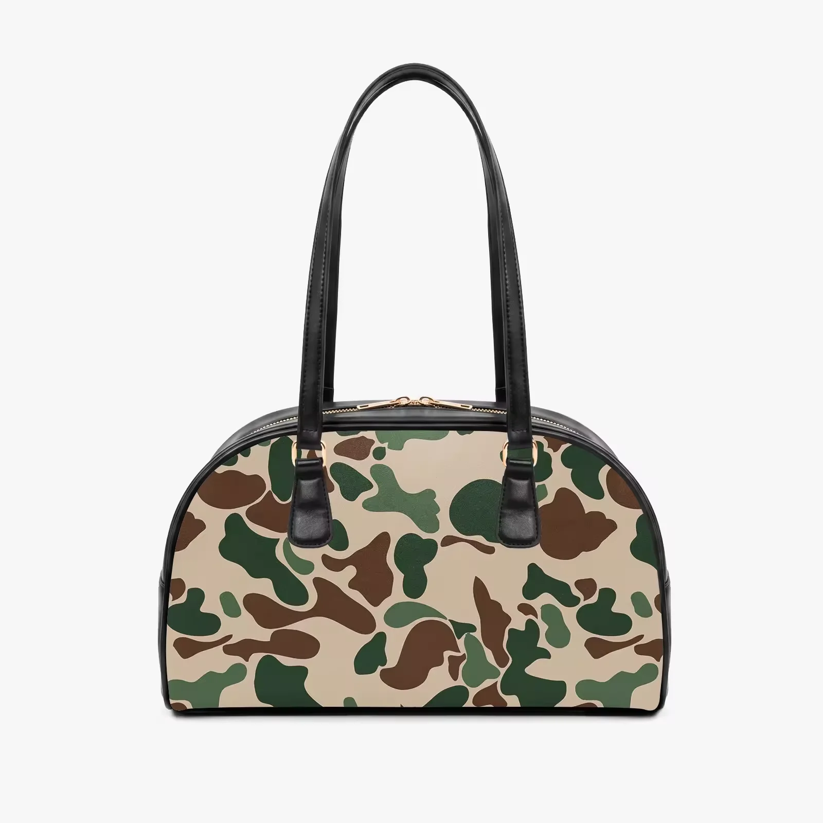 Factory Wholesale Green Brown Camo Print PU Dome Boston Travel Shoulder Bowling Bag Women Camouflage Pattern Handbag Custom