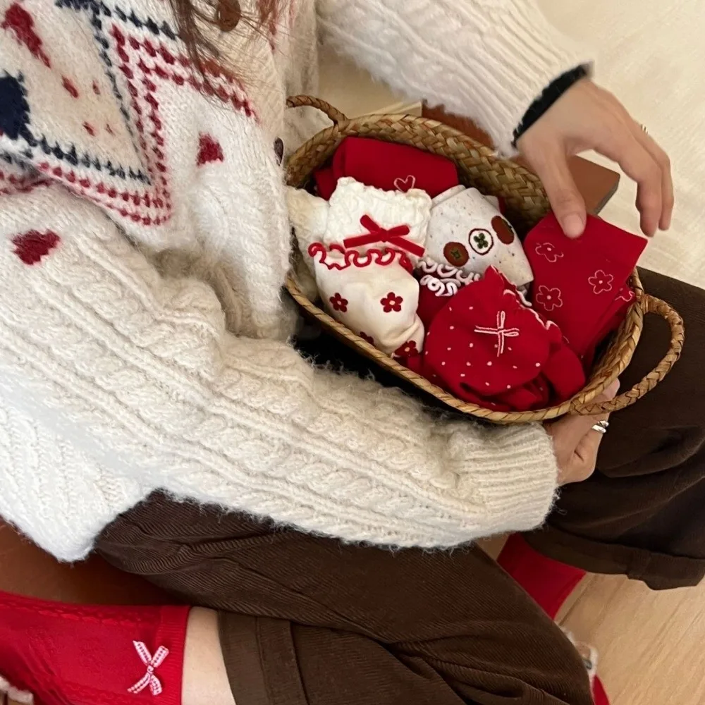 

Plaid Combed Cotton Red Socks Breathable Sweet Heart Polka Dot Socks Comfortable Fashion Flower Socks Spring Festival