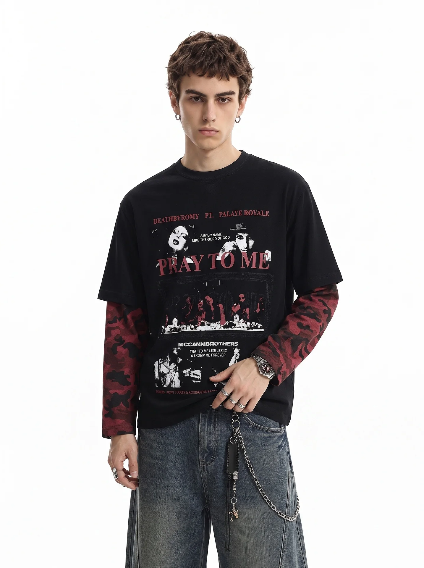 BETEBULE American High Street Subculture Print Camouflage Long Sleeve Men's T-shirt Vintage Fake Two-Piece Short Wide Top