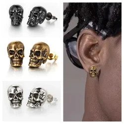 1 Pair Street Hiphop Halloween Punk Skull Piercing Stud Earrings for Men Black Gold Color Ear Accessories Fashion Jewelry