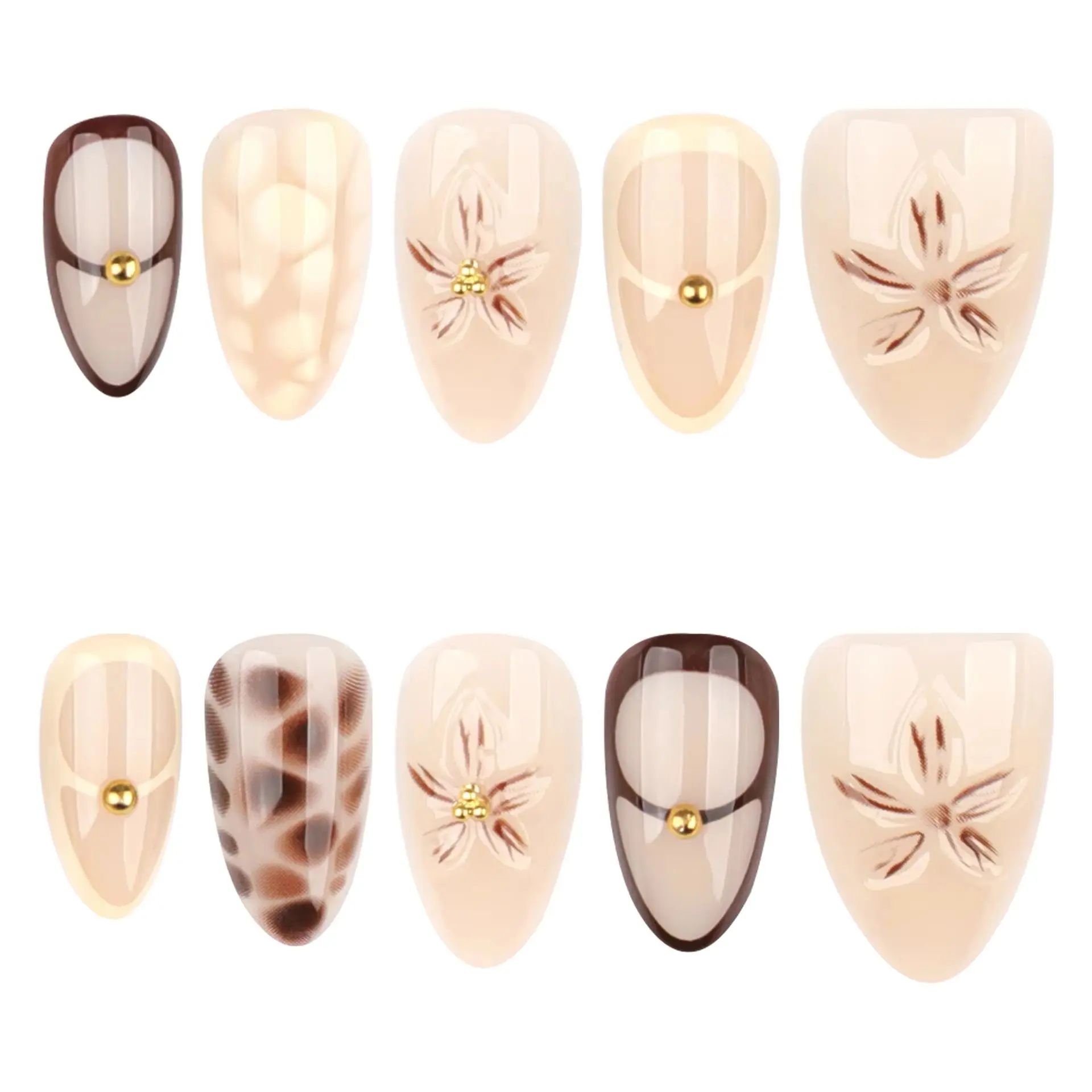 

24PCS Sweet Flower Almond Press on Nails Full Cover Leopard Print Patterns Retro French Fake Nails for Women Wearable False Nail