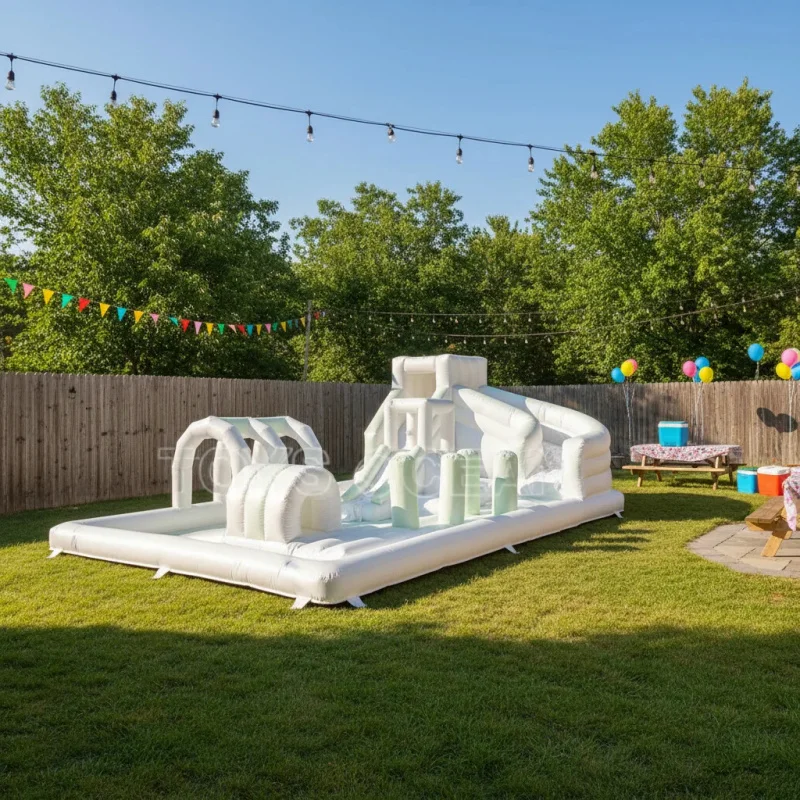 Commercial Inflatable Water Obstacle Course with Slide and Pool, Pastel White Green Bounce Castle for Kids Party Rental