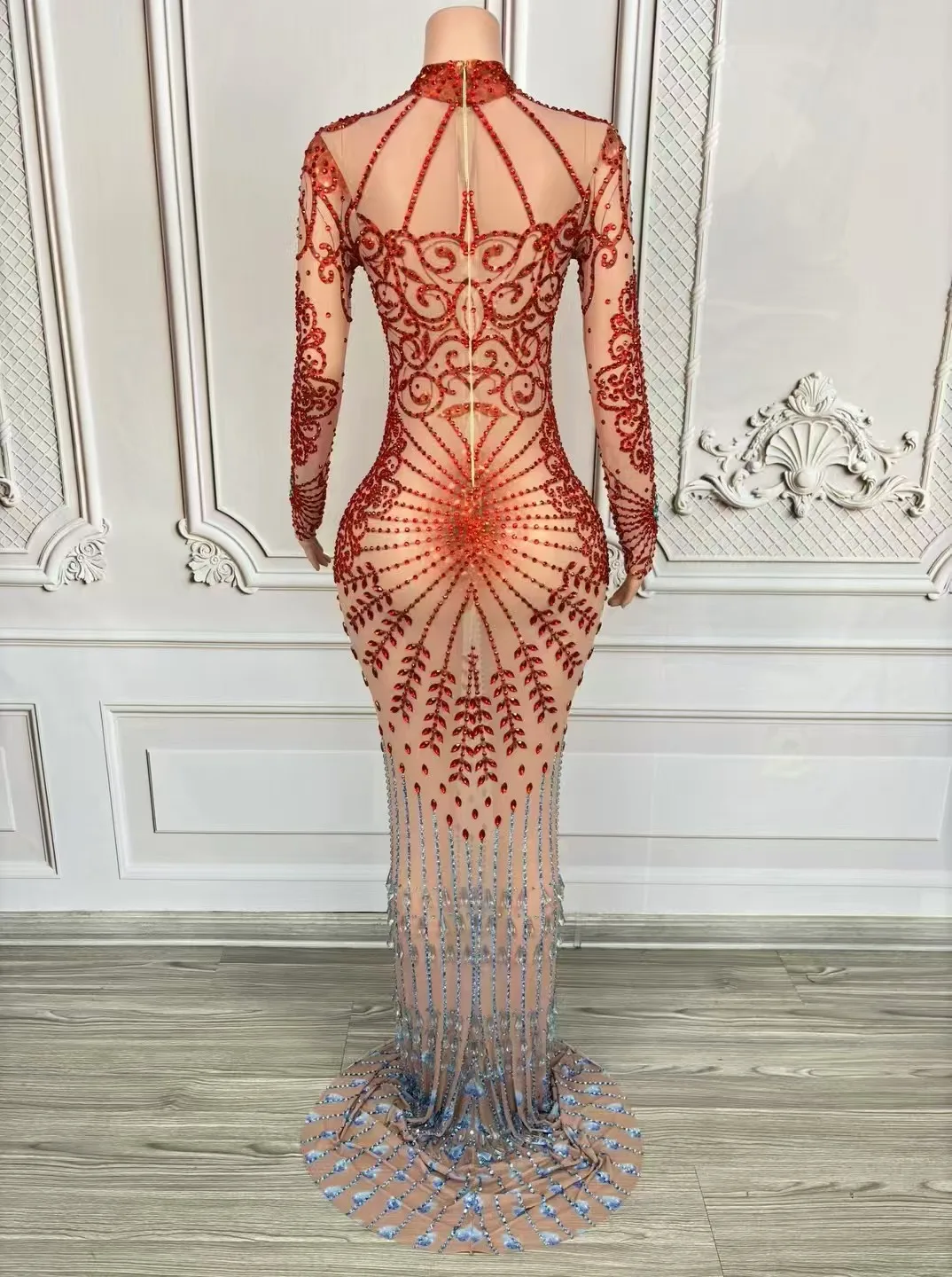 Women Sexy Sparkle Rhinestone Transparent Long Dress Evening Birthday Party Celebrate Mesh Outfit Singer Photoshoot Stage Wear