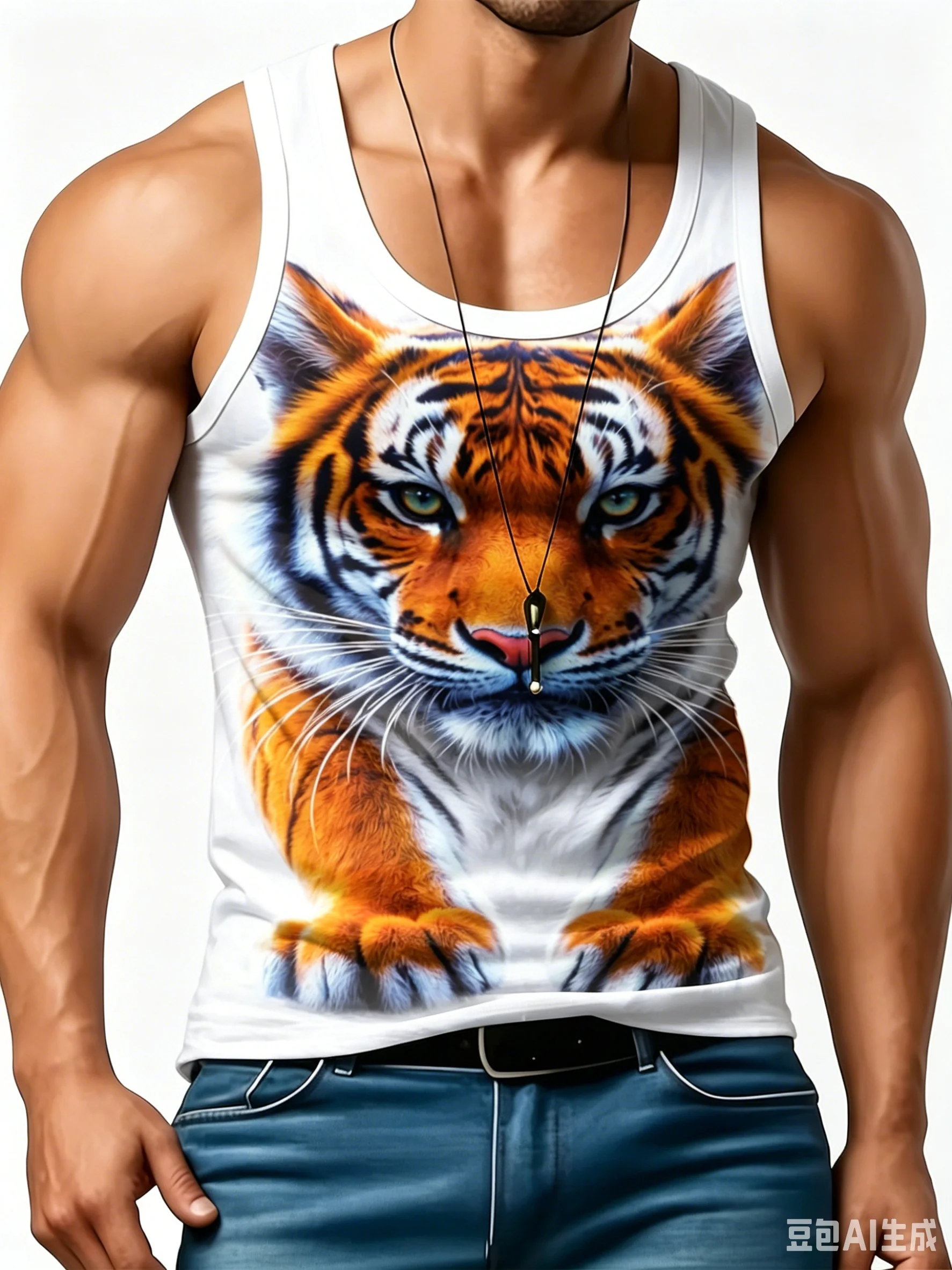 Men 3D Realistic Tiger Print Round neckTank Top