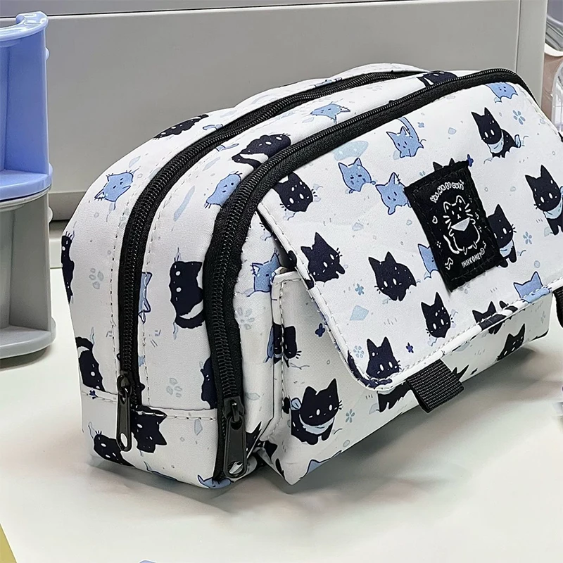 Estuche para bolígrafos con estampado de gato nevado lindo de dibujos animados, organizador de gran capacidad, bolsa de almacenamiento de papelería multifuncional, bolsa portátil para bolígrafos