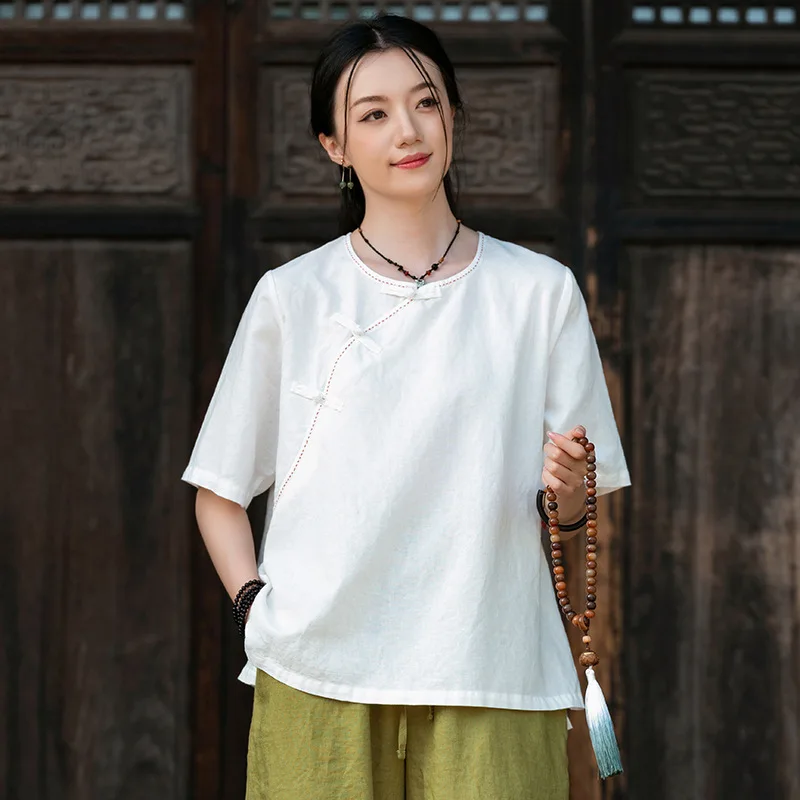 

2025 Summer New Retro Solid Color Artistic Cotton and Hemp Zen Tea Clothes Loose Casual Diagonal Button Top for Women