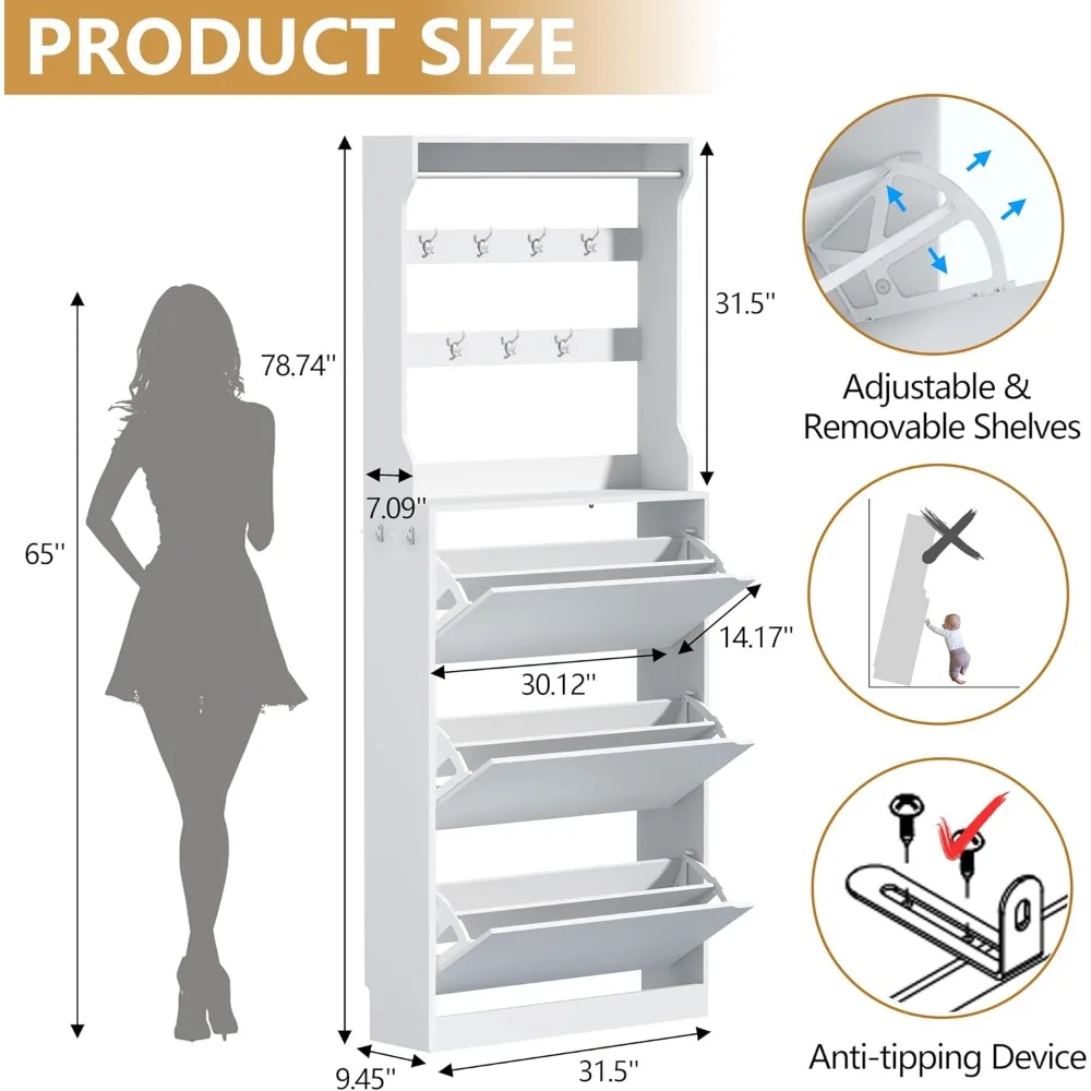 Отдельно стоящий высокий шкаф для обуви с вешалкой для одежды, скрытым хранилищем, дверцами и ящиками, подвесной барной стойкой, крючками, тонким узким дизайном для места