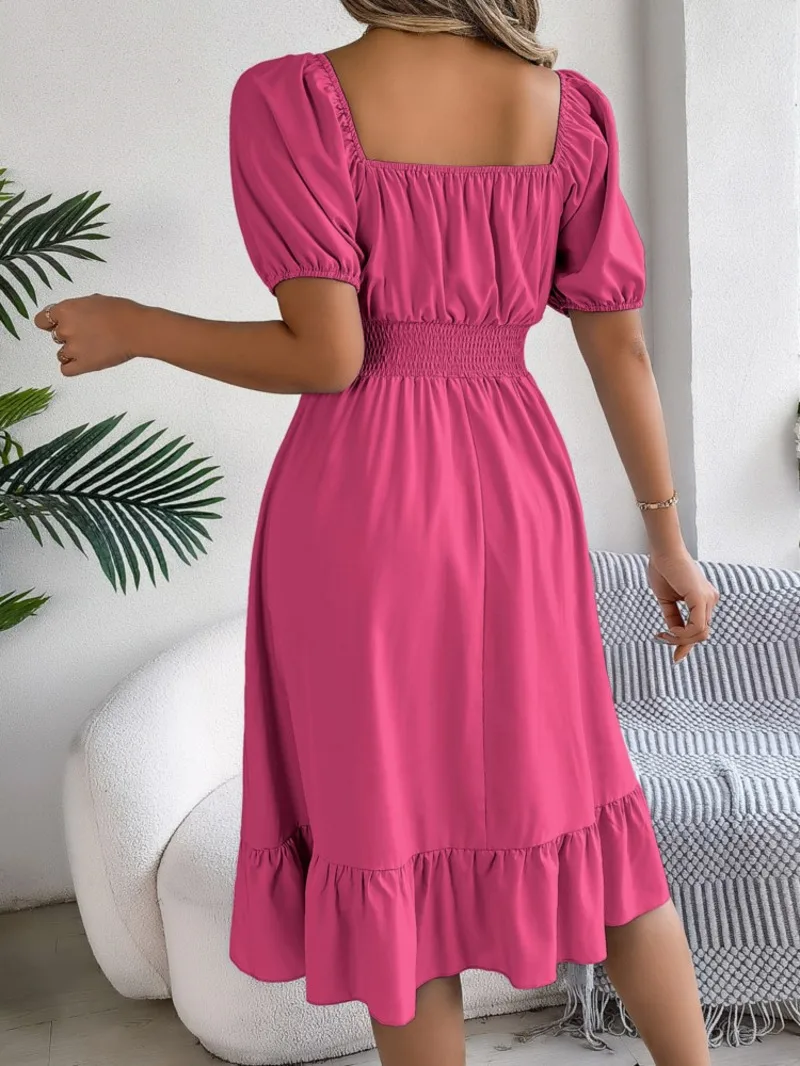 여성 MIidi 드레스 2025 여름 캐주얼 스퀘어 넥 반팔 허리 프릴 에지 드레스 여성 우아한 Платья Женские GZ7N