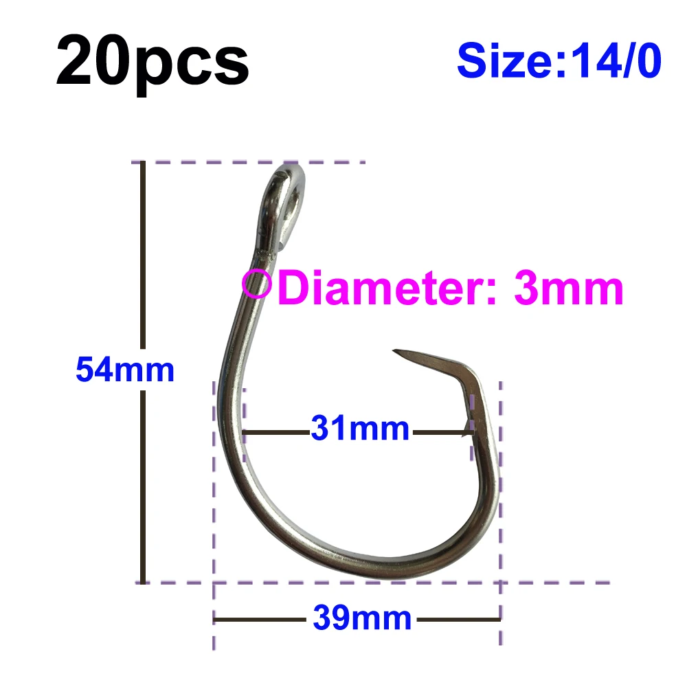 20pcs 14/0 Mustad Fishing Hook Stainless Steel Tuna Circle Fishing Hook Barbed Hook For Fishing