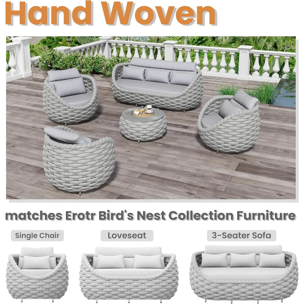 Tavolino da caffè rotondo corto da patio: tavolini in corda intrecciata a mano assemblati - Tavolo da esterno in alluminio moderno - Mobili per portico in metallo